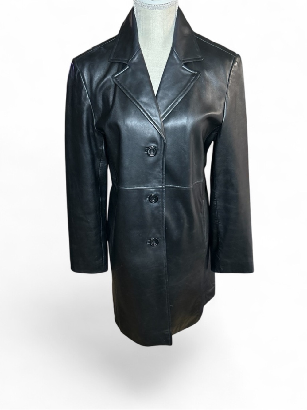 Women's Black Leather Button-Front Blazer Coat